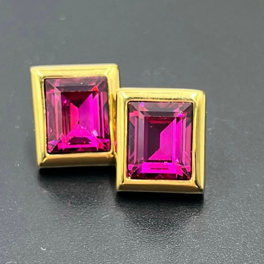 Swarovski‎ Crystal Rectangle Fuchsia Signed S.A.L. Vintage Pierced Earrings